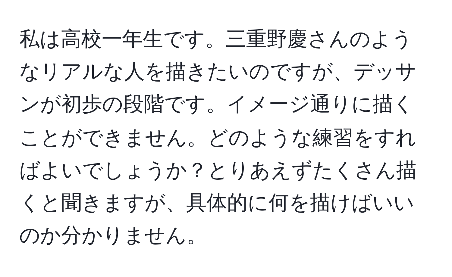 私は高校一年生です。三重野慶さんのようなリアルな人を描きたいのですが、デッサンが初歩の段階です。イメージ通りに描くことができません。どのような練習をすればよいでしょうか？とりあえずたくさん描くと聞きますが、具体的に何を描けばいいのか分かりません。