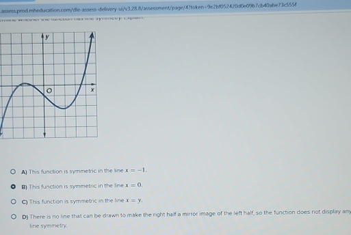 aneener te runceo os me aymmeey, Expow.
A) This function is symmetric in the line x=-1.
B) This function is symmetric in the line x=0.
C)This function is symmetric in the line x=y.
D) There is no line that can be drawn to make the right half a mirror image of the left half, so the function does not display am
line symmetry.