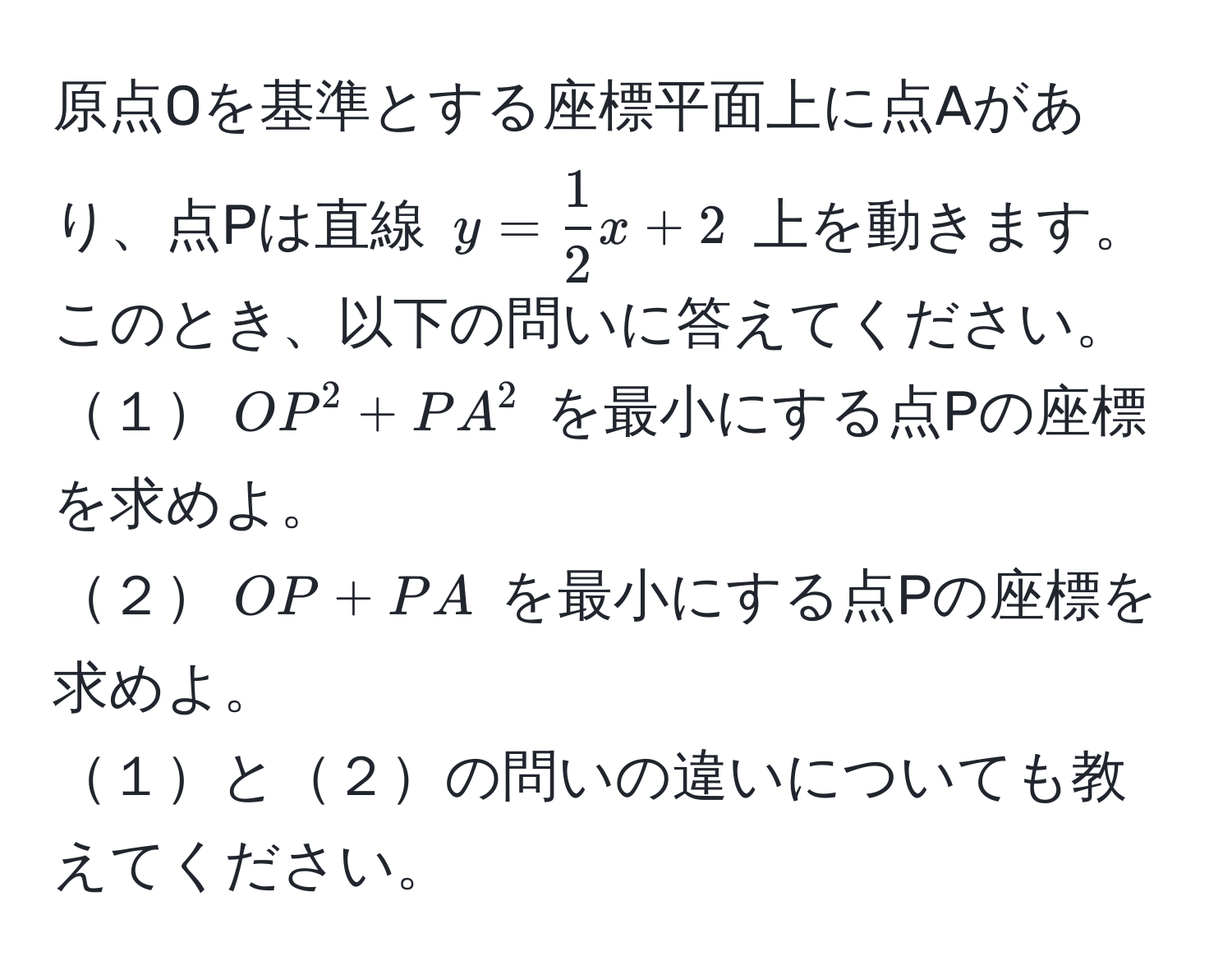 原点Oを基準とする座標平面上に点Aがあり、点Pは直線 $y =  1/2 x + 2$ 上を動きます。このとき、以下の問いに答えてください。  
１$OP^2 + PA^2$ を最小にする点Pの座標を求めよ。  
２$OP + PA$ を最小にする点Pの座標を求めよ。  
１と２の問いの違いについても教えてください。