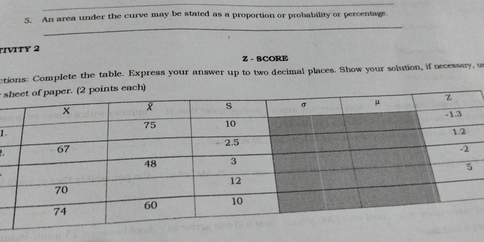 An area under the curve may be stated as a proportion or probability or percentage. 
_ 
TIVTY 2 
Z - SCORE 
ctions: Complete the table. Express your answer up to two decimal places. Show your solution, if necessary, u 
s 
1. 
.