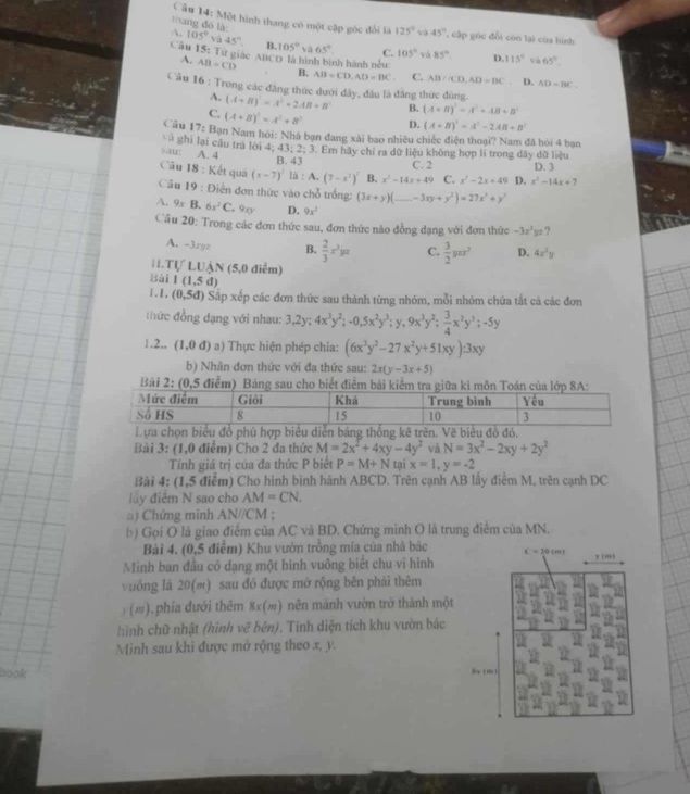 thang đó là:
Cầu 14: Một hình thang có một cập góc đổi là 125°va45° ' cập góc đổi còn lại của hình
A. 105°va45° B. 105°va65° C. 105° và 85° D. 115°
Câu 15: Từ giác ABCD là hình bình hành nều:
và 65°
A. AB=CD B. AB=CD,AD=BC C. AB=∠ CD,AD=BC D. AD=BC
Cầu 16 : Trong các đăng thức dưới đây, đầu là đẳng thức đùng.
A. (A+B)'=A'+2AB+B' B. (A+B)'=A'+AB+B'
C. (A+B)^2=A^2+B^2 D. (A+B)^2=A^2-2AB+B^2
2x
Câu 17  Bạn Nam hỏi: Nhà bạn đang xài bao nhiêu chiếc điện thoại? Nam đã hòi 4 bạn
sau: A. 4  # ghi lại cầu tra lời 4; 43; 2; 3. Em hãy chỉ ra dữ liệu không hợp li trong dãy dữ liệu
B. 43 C. 2
Câu 18 : Kết quả (x-7)^2 a: A. (7-x^2)^2 B. x^2-14x+49 C. x^2-2x+49 D. x^2-14x+7 D. 3
Câu 19 : Điễn đơn thức vào chỗ trống: (3x+y)(_ -3xy+y^2)=27x^2+y^2
A. 9x B. 6x^2C. 9xy D. 9x^2
Cầu 20: Trong các đơn thức sau, đơn thức nào đồng dạng với đơn thức -3x^2yz
A. -3 192 B.  2/3 x^2ya C.  3/2 yπ r^2 D. 4x^2y
H.Tự LUẠN (5,0 điểm)
Bài 1(1,5d)
1.1, (0,5d) Sắp xếp các đơn thức sau thành từng nhóm, mỗi nhóm chứa tắt cá các đơn
thức đồng dạng với nhau: 3,2y;4x^3y^2;-0,5x^2y^3;y,9x^3y^2; 3/4 x^2y^3;-5y
1.2.. (1,0d) a) Thực hiện phép chia: (6x^3y^2-27x^2y+51xy)· 3xy
b) Nhân đơn thức với đa thức sau: 2x(y-3x+5)
Bài 2: (0,5 điểm) Bảng sau cho biết điểm bài kiểm tra giữ
Bài 3: (1,0 điểm) Cho 2 đa thức M=2x^2+4xy-4y^2 và N=3x^2-2xy+2y^2
Tính giá trị của đa thức P biết P=M+Ntgix=1,y=-2
Bài 4: (1,5 điểm) Cho hình bình hành ABCD. Trên cạnh AB lấy điểm M, trên cạnh DC
lây điểm N sao cho AM=CN.
#) Chứng minh AN //CM ;
b) Gọi O là giao điểm của AC và BD. Chứng minh O là trung điểm của MN.
Bài 4. (0,5 điểm) Khu vườn trồng mía của nhà bác
Minh ban đầu có dạng một hình vuông biết chu vi hình
vuông là 20(m) sau đó được mở rộng bên phải thêm
) (≡).phia dưới thêm 8x(m) nên mảnh vườn trở thành một
hình chữ nhật (hình vẽ bên). Tính diện tích khu vườn bác
Minh sau khi được mở rộng theo x, y.
book