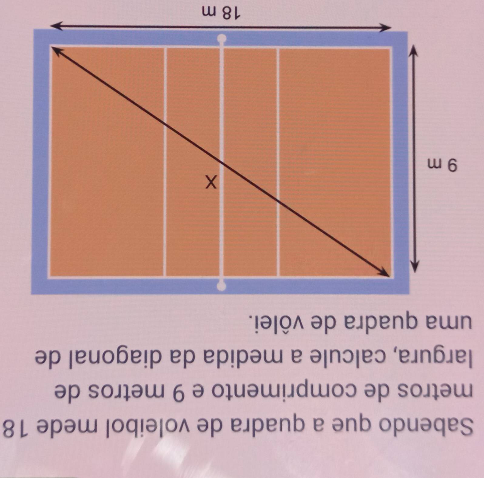 Sabendo que a quadra de voleibol mede 18
metros de comprimento e 9 metros de 
largura, calcule a medida da diagonal de 
uma quadra de vôlei.
18 m