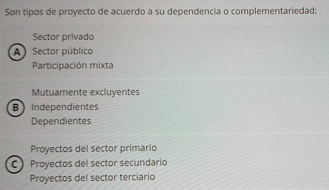 Son tipos de proyecto de acuerdo a su dependencia o complementariedad:
Sector privado
A ) Sector público
Participación mixta
Mutuamente excluyentes
BIndependientes
Dependientes
Proyectos del sector primario
C Proyectos del sector secundario
Proyectos del sector terciario