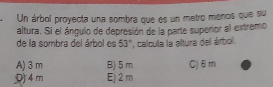 .Un árbol proyecta una sombra que es un metro menos que su
altura. Si el ángulo de depresión de la parte superior al extremo
de la sombra del árbol es 53° ', calcula la altura del árbol.
A) 3 m B) 5 m C) 6m
D) 4 m E) 2 m