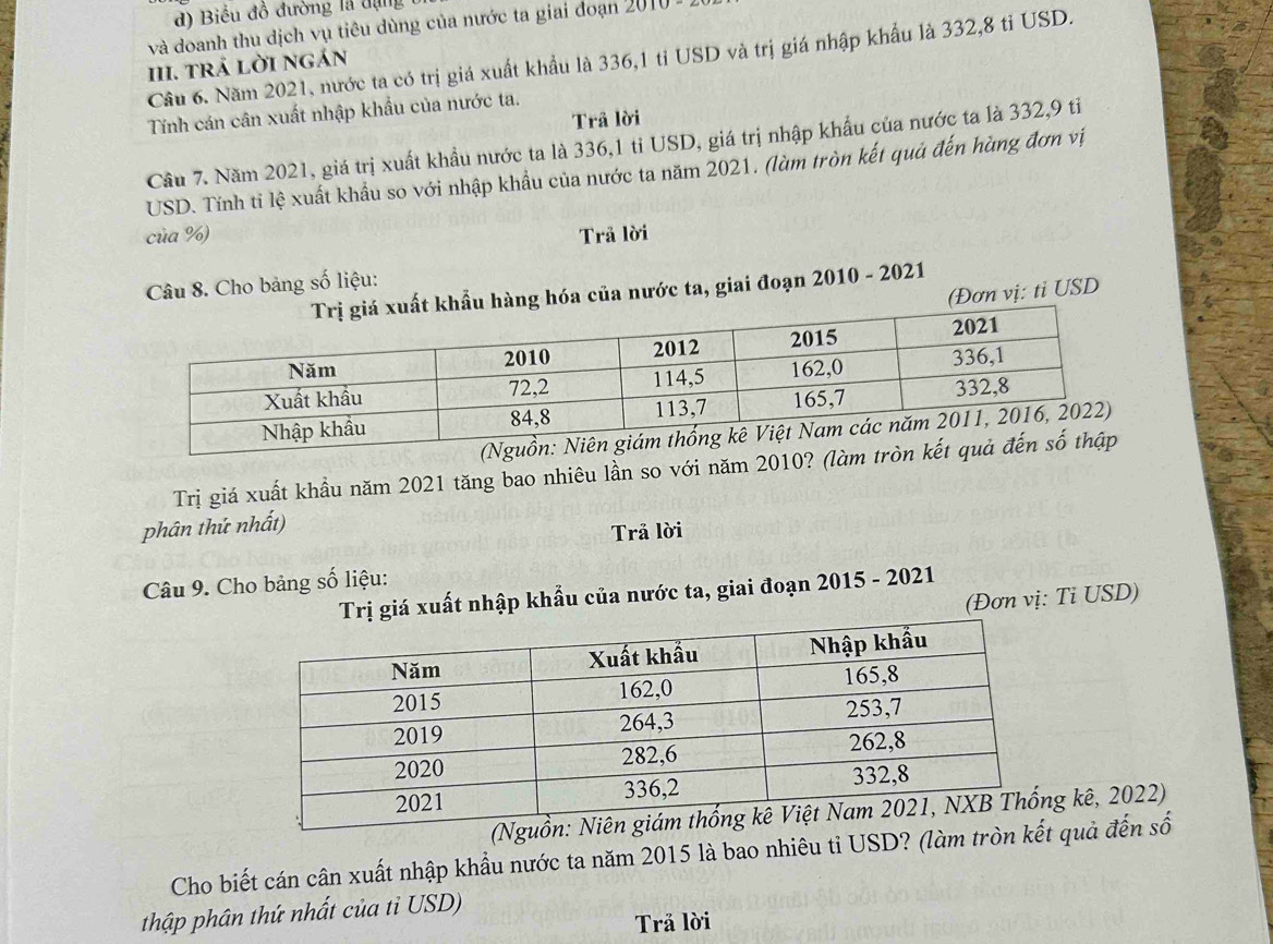 Biểu đồ đường là dụng 
và doanh thu dịch vụ tiêu dùng của nước ta giai đoạn 201
Cầu 6. Năm 2021, nước ta có trị giá xuất khẩu là 336,1 tỉ USD và trị giá nhập khẩu là 332,8 tỉ USD. 
III. tRả LờI nGán 
Tính cán cân xuất nhập khẩu của nước ta. 
Trả lời 
Cầu 7. Năm 2021, giá trị xuất khẩu nước ta là 336,1 tỉ USD, giá trị nhập khẩu của nước ta là 332,9 tỉ 
USD. Tính tỉ lệ xuất khẩu so với nhập khẩu của nước ta năm 2021. (làm tròn kết quả đến hùng đơn vị 
của %) Trả lời 
Câu 8. Cho bảng số liệu: 
g hóa của nước ta, giai đoạn 2010 - 2021 
(Đơn vị: ti USD 
Trị giá xuất khẩu năm 2021 tăng bao nhiêu lần so với năm 2010? (làm 
phân thứ nhất) 
Trả lời 
Câu 9. Cho bảng số liệu: 
Trị giá xuất nhập khẩu của nước ta, giai đoạn 2015 - 2021 
(Đơn vị: Ti USD) 
g kê, 2022) 
Cho biết cán cân xuất nhập khẩu nước ta năm 2015 là bao nhiêu tỉ USD? (làm tròn kế quả đến số 
thập phân thứ nhất của tỉ USD) 
Trả lời