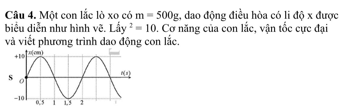 Một con lắc lò xo có m=500g , dao động điều hòa có li độ x được
biểu diễn như hình vẽ. Lhat ay^2=10. Cơ năng của con lắc, vận tốc cực đại
và viết phương trình dao động con lắc.
0,5 1 1, 5 2