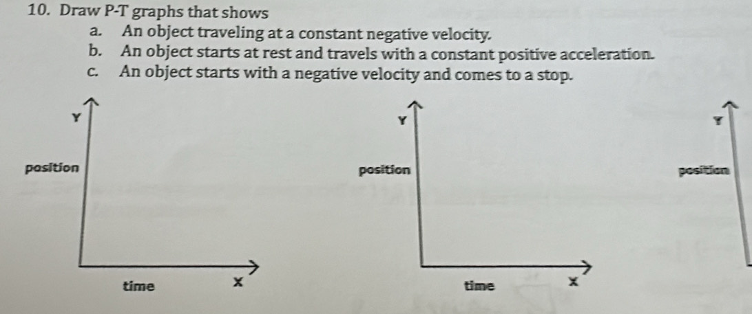 Draw P-T graphs that shows 
a. An object traveling at a constant negative velocity. 
b. An object starts at rest and travels with a constant positive acceleration. 
c. An object starts with a negative velocity and comes to a stop.
Y
position