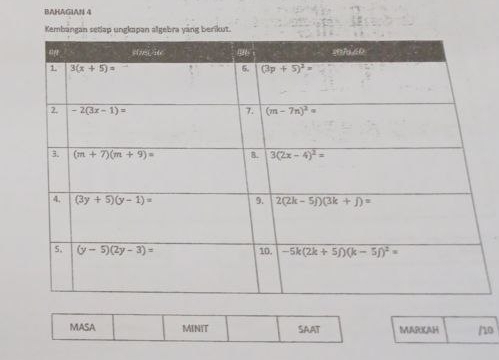 BAHAGIAN 4
Kembanga ungkapan algebra yang berikut.
MASA MINIT SAAT MARKAH /10