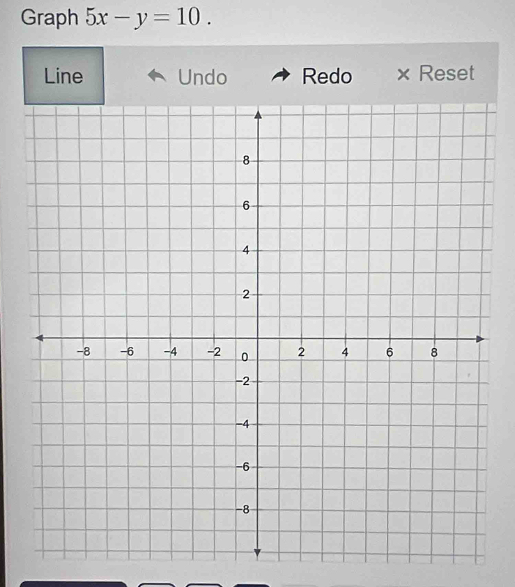 Graph 5x-y=10. 
Line Undo Redo × Reset