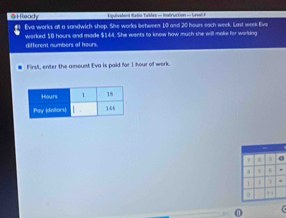 Ready Equivalent Itatio Tables — Instruction — Level F 
Eva works at a sandwich shop. She works between 10 and 20 hours each week. Last week Eva 
worked 18 hours and made $144 l. She wants to know how much she will make for working 
different numbers of hours. 
First, enter the amount Eva is paid for 1 hour of work. 
⑪