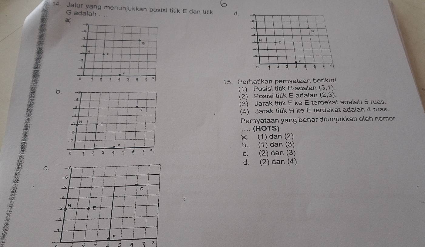 Jalur yang menunjukkan posisi titik E dan titik d.
G adalah ....
15. Perhatikan pernyataan berikut!
b
(1) Posisi titik H adalah (3,1). 
(2) Posisi titik E adalah (2,3). 
(3) Jarak titik F ke E terdekat adalah 5 ruas.
(4) Jarak titik H ke E terdekat adalah 4 ruas.
Pernyataan yang benar ditunjukkan oleh nomor
_(HOTS)
a (1) dan (2)
b. (1) dan (3)
c. (2) dan (3)
d. (2) dan (4)
j 3 A 5 6 7 ×