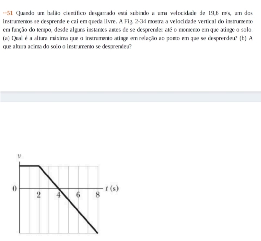 Quando um balão científico desgarrado está subindo a uma velocidade de 19,6 m/s, um dos
instrumentos se desprende e cai em queda livre. A Fig. 2-34 mostra a velocidade vertical do instrumento
em função do tempo, desde alguns instantes antes de se desprender até o momento em que atinge o solo.
(a) Qualé a altura máxima que o instrumento atinge em relação ao ponto em que se desprendeu? (b) A
que altura acima do solo o instrumento se desprendeu?