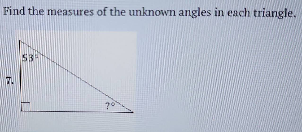 Find the measures of the unknown angles in each triangle.