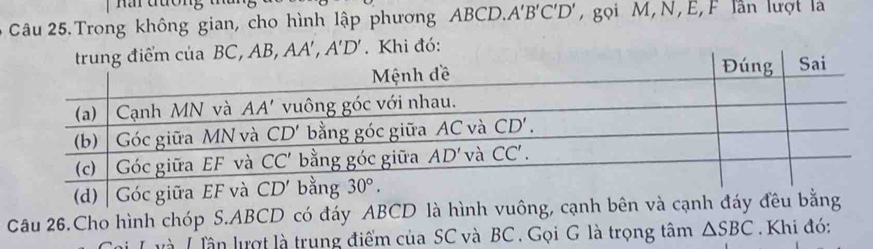 ar dtón
Câu 25.Trong không gian, cho hình lập phương ABCD. A'B'C'D' ,  gọi M, N, E, F lần lượt là
AA',A'D'. Khi đó:
Câu 26.Cho hình chóp S.ABCD có đáy ABCD là hình vuông, cạnh bên và cạnh đá
Luà L ần lượt là trung điểm của SC và BC . Gọi G là trọng tâm △ SBC. Khi đó: