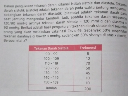 Dalam penqukuran tekanan darah, dikenal istilah sistole dan diastole. Tekanar 
darah sistolik (sistole) adalah tekanan darah pada waktu jantung menguncuo 
sedangkan tekanan darah diastolik (diastole) adalah tekanan darah pad 
saat jantung mengendur kembali. Jadi, apabila tekanan darah seseorand
120/90 mmHg artinya tekanan darah sistole =120 mmHg dan diastole
90 mmHg. Berikut adalah hasil pengukuran tekanan darah sistole dari sejumlah 
orang yang akan melakukan vaksinasi Covid- 19. Sebanyak 50% responden 
tekanan darahnya di bawah x mmHg, sedangkan 50% sisanya di atas x mmHq. 
Berapa nilai x?