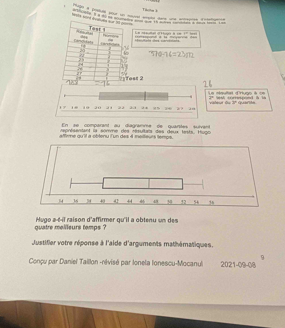 Tâche 3 
Hugo a postulé pour un nouvel emploi dans une entreprise d'intellidence 
artificielle. Il a dû se sottre ainsi que 15 autres candidats à deux fests. Les 
tests sont éints 1° test 
Le résuilat d'Hugo à ce 
correspond à la moyenne des 
résultats des candidats. 
est 2
Le résultat d'Hugo à ce
2° test correspond à la 
valeur du 3° quartile 
En se comparant au diagramme de quartiles suivant 
représentant la somme des résultats des deux tests, Hugo 
affirme qu'il a obtenu l'un des 4 meilleurs temps. 
Hugo a-t-il raison d’affirmer qu'il a obtenu un des 
quatre meilleurs temps ? 
Justifier votre réponse à l'aide d'arguments mathématiques. 
9 
Conçu par Daniel Taillon -révisé par Ionela Ionescu-Mocanul 2021-09-08