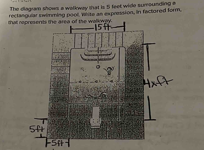 The diagram shows a walkway that is 5 feet wide surrounding a 
rectangular swimming pool. Write an expression, in factored form, 
that repr