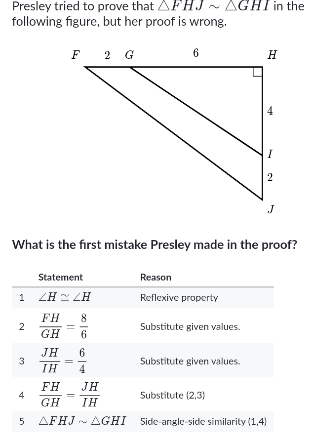 Presley tried to prove that △ FHJsim △ GHI in the 
following figure, but her proof is wrong. 
What is the first mistake Presley made in the proof? 
Statement Reason 
1 ∠ H≌ ∠ H Reflexive property 
2  FH/GH = 8/6  Substitute given values. 
3  JH/IH = 6/4  Substitute given values. 
4  FH/GH = JH/IH  Substitute (2,3)
5 △ FHJsim △ GHI Side-angle-side similarity (1,4)