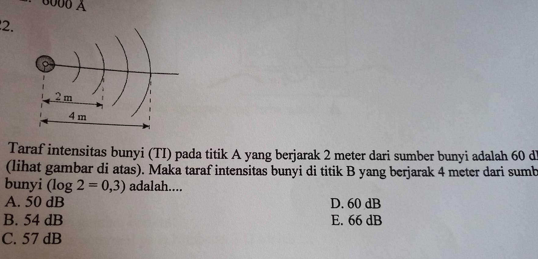 0000 à
2.
Taraf intensitas bunyi (TI) pada titik A yang berjarak 2 meter dari sumber bunyi adalah 60 d
(lihat gambar di atas). Maka taraf intensitas bunyi di titik B yang berjarak 4 meter dari sumb
bunyi (log 2=0,3) adalah....
A. 50 dB D. 60 dB
B. 54 dB E. 66 dB
C. 57 dB