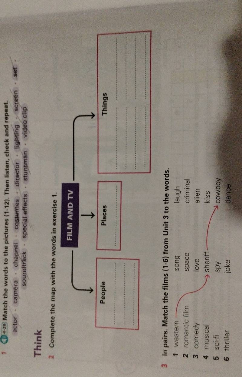 1 4-2 Match the words to the pictures (1-12). Then listen, check and repeat. 
actor - camera , channel , costumes , director , lighting · screen set * 
soundtrack special effects stuntman video clip 
Think 
2 Complete the map with the words in exercise 1. 
FILM AND TV 
People Places Things 
_ 
_ 
__ 
_ 
__ 
_ 
_ 
_ 
__ 
3 In pairs. Match the films (1-6) from Unit 3 to the words. 
1 western song laugh 
2 romantic film space criminal 
3 comedy love alien 
4 musical sheriff kiss 
5 sci-fi spy cowboy 
6 thriller joke dance