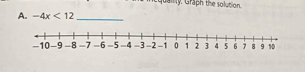 quality. Graph the solution. 
A. -4x<12</tex> _