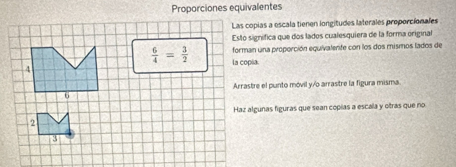 Proporciones equivalentes 
Las copias a escala tienen longitudes laterales proporcionales 
Esto significa que dos lados cualesquiera de la forma original 
forman una proporción equivalente con los dos mismos lados de
 6/4 = 3/2  la copia. 
4 
Arrastre el punto móvil y/o arrastre la figura misma. 
6 
Haz algunas figuras que sean copias a escala y otras que no. 
2 
3