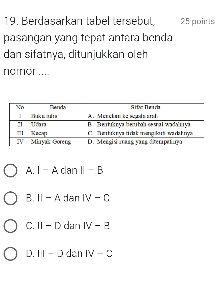 Berdasarkan tabel tersebut, 25 points
pasangan yang tepat antara benda
dan sifatnya, ditunjukkan oleh
nomor ....
A. I-A dan II-B
B. II-A dan IV-C
C. II-D dan IV-B
D. III-D dan IV-C