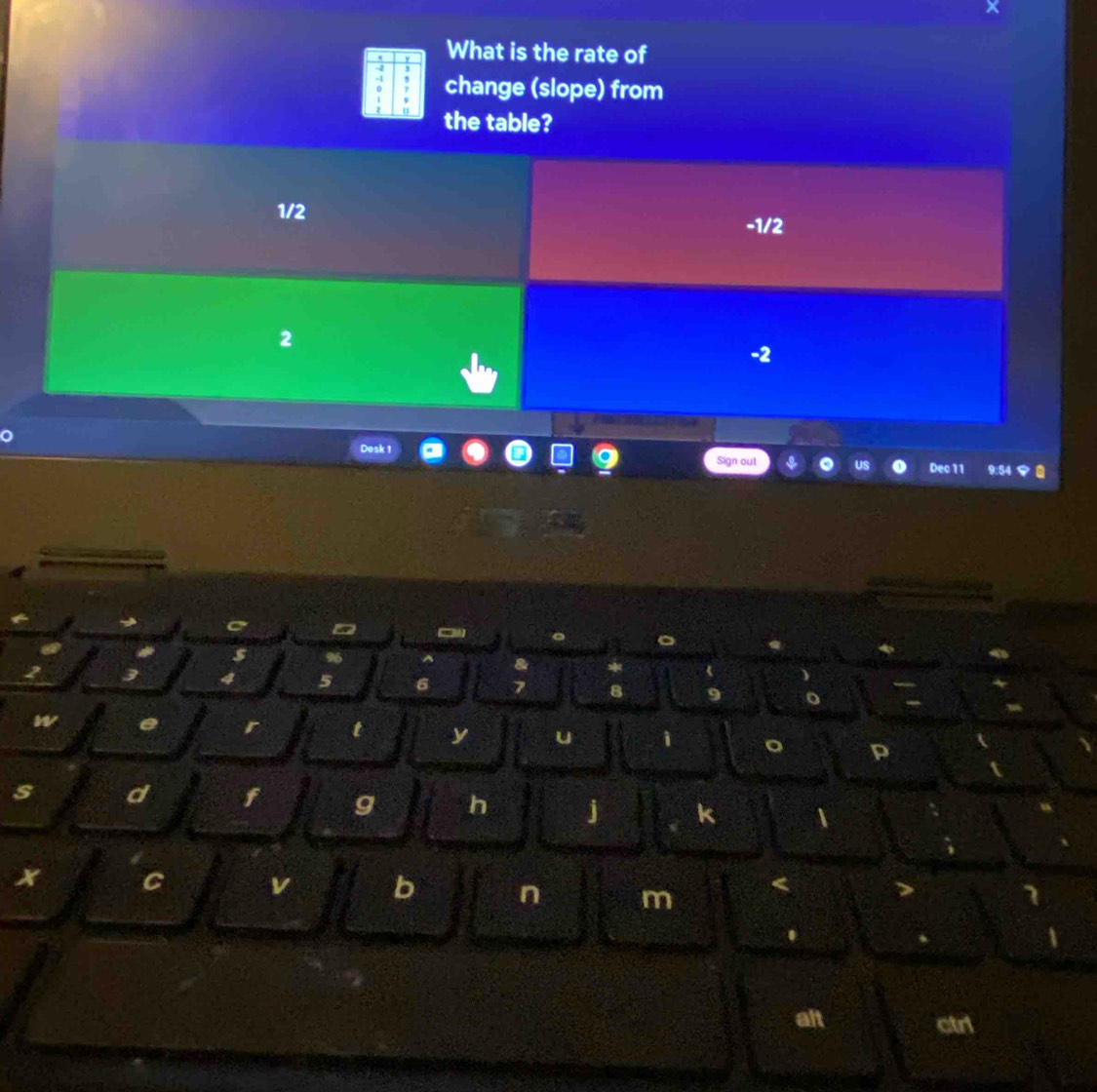 What is the rate of
change (slope) from
the table?
1/2
-1/2
2
a
Desk 1 Sign out
Dec 11
D ow
s 96 ^
4 5 6 7 8
w e r t y u
。 p
s d f g h j k 
x C v b n m <
1
.

al
ctrl