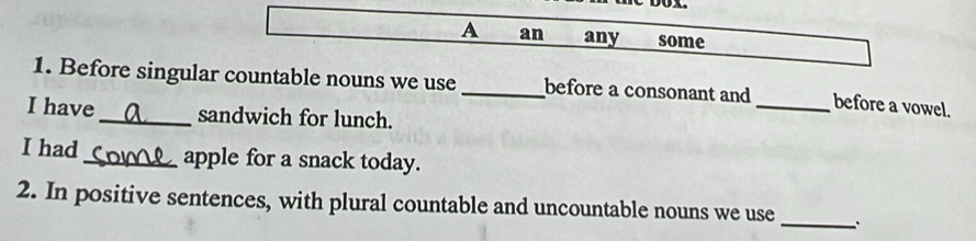 A an any some 
1. Before singular countable nouns we use _before a consonant and _before a vowel. 
I have _sandwich for lunch. 
I had_ apple for a snack today. 
2. In positive sentences, with plural countable and uncountable nouns we use _.