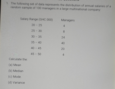 The following set of data represents the distribution of annual salaries of a
random sample of 100 managers in a large multinational company:
Calc
(a) Mean
(b) Median
(c) Mode.
(d) Variance