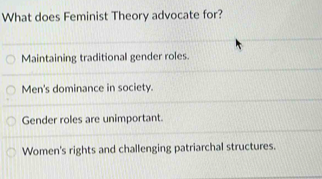 What does Feminist Theory advocate for?
Maintaining traditional gender roles.
Men's dominance in society.
Gender roles are unimportant.
Women's rights and challenging patriarchal structures.