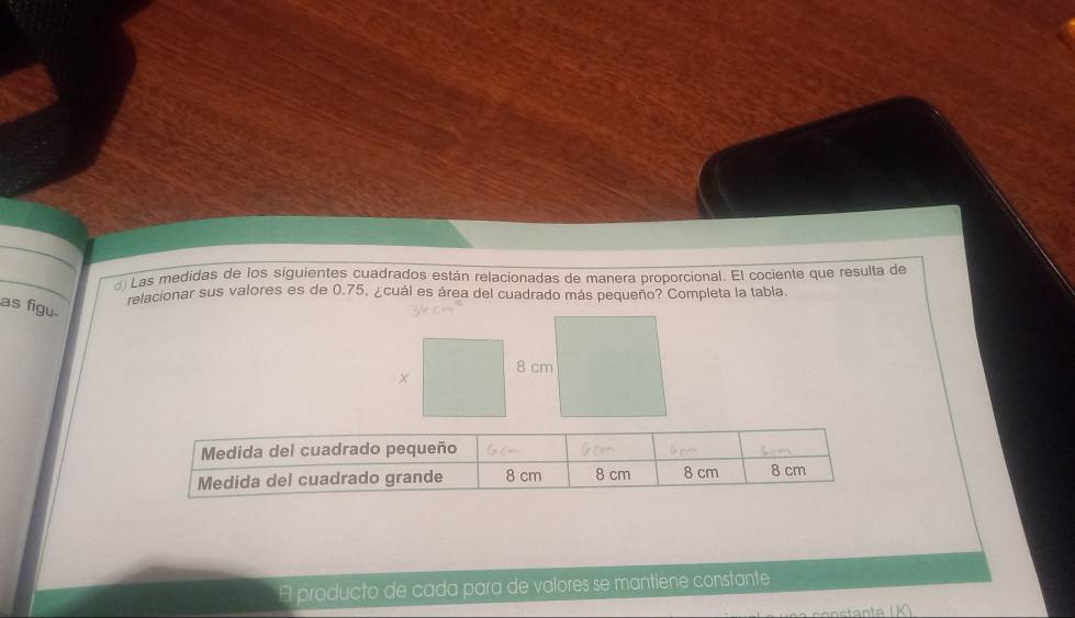 Las medidas de los siguientes cuadrados están relacionadas de manera proporcional. El cociente que resulta de 
relacionar sus valores es de 0.75, ¿cuál es área del cuadrado más pequeño? Completa la tabla. 
as figu.
X
El producto de cada para de valores se mantiene constante 
a te (K)