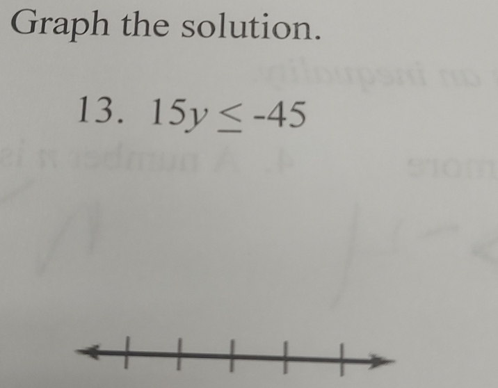 Graph the solution. 
13. 15y≤ -45