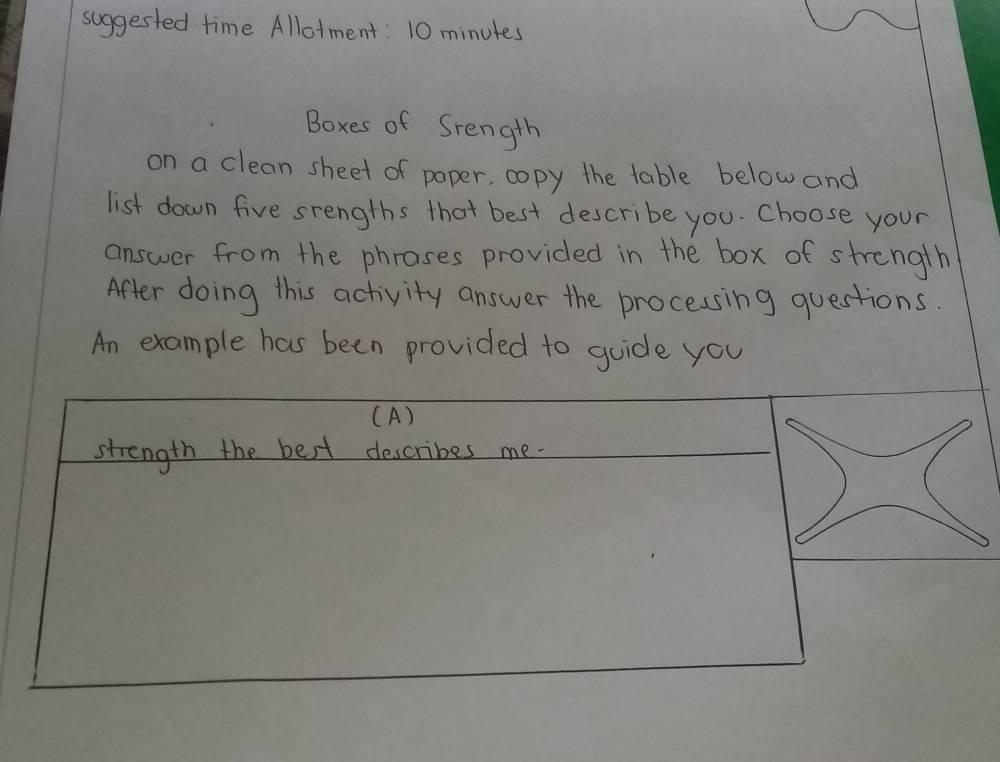 suggested time Allotment: 10 minutes 
Boxes of Srength 
on a clean sheet of paper, copy the table below and 
list down five srengths that best describe you. Choose your 
answer from the phrases provided in the box of strength 
After doing this activity answer the processing questions. 
An example has been provided to guide you 
(A) 
strength the best describes me.