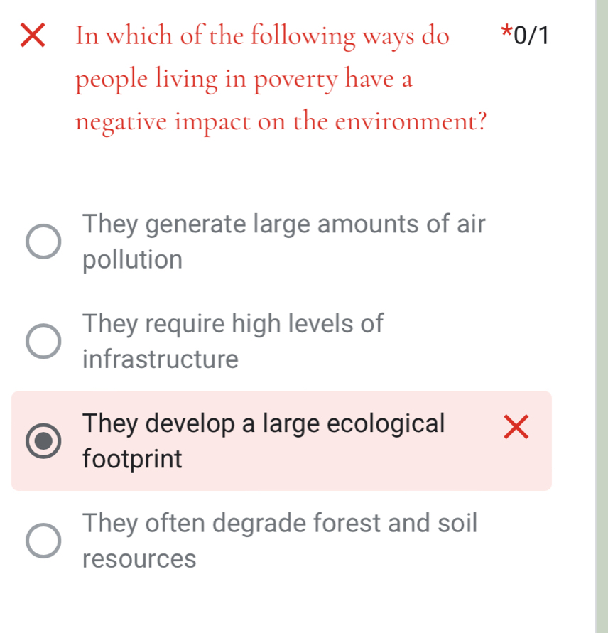 In which of the following ways do *0/1
people living in poverty have a
negative impact on the environment?
They generate large amounts of air
pollution
They require high levels of
infrastructure
They develop a large ecological ×
footprint
They often degrade forest and soil
resources