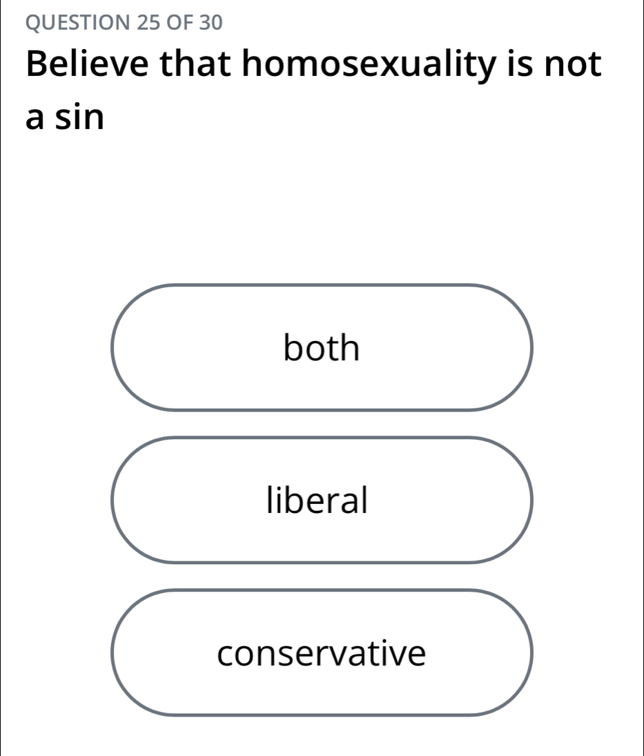 OF 30
Believe that homosexuality is not
a sin
both
liberal
conservative