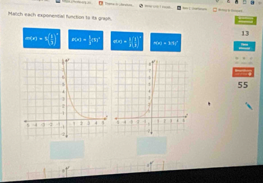 as A made ord 20 Theme to Liorahans. veme Gn3 1 Vocah tem 2 sartae Beneg to Conpare
Match each exponential function to its graph.
13
m(x)=5( 1/3 )^x p(x)= 1/3 (5)^circ  q(x)= 1/3 ( 1/3 )^x n(s)=3(5)^circ 
Thso
55
B