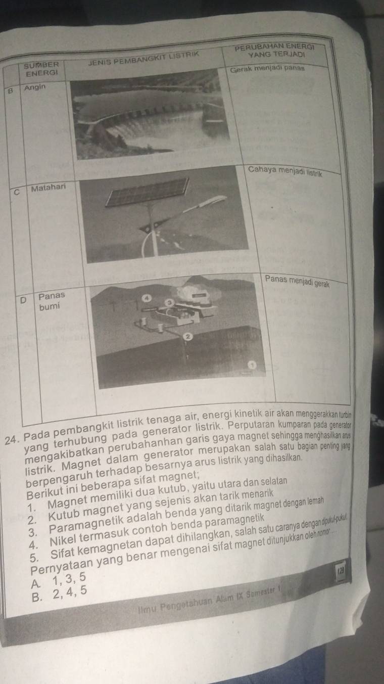 PERUBAHAN ENERGI
SUMBER JENIS PEMBANGKIT LISTRIK YANG TERJADI
ENERGI Gerak menjadi panas
β Angin
Cahaya menjadi listrik
C Matahari
as menjadi gerak
D Panas
bumí
24. Pada pembangkit listrik tenaga air, energi kinetik air akan menggerakkan turbin
yang terhubung pada generator listrik. Perputaran kumparan pada generato
mengakibatkan perubahanhan garis gaya magnet sehingga menghasilkan anvs
listrik. Magnet dalam generator merupakan salah satu bagian penting yang
berpengaruh terhadap besarnya arus listrik yang dihasilkan.
Berikut ini beberapa sifat magnet;
1. Magnet memiliki dua kutub, yaitu utara dan selatan
2. Kutub magnet yang sejenis akan tarik menarik
3. Paramagnetik adalah benda yang ditarik magnet dengan lemah
4. Nikel termasuk contoh benda paramagnetik
5. Sifat kemagnetan dapat dihilangkan, salah satu caranya dengan dipukul-puku
Pernyataan yang benar mengenai sifat magnet ditunjukkan oleh nomor
12
A. 1, 3, 5
B. 2, 4, 5
llmu Pengetahuan Alam IX Somester 1