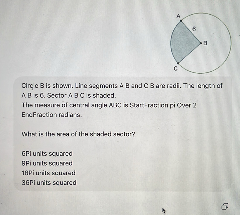 Solved: Circle B is shown. Line segments A B and C B are radii. The ...