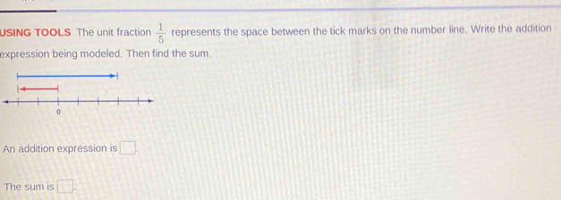 USING TOOLS The unit fraction  1/5  represents the space between the tick marks on the number line. Write the addition 
expression being modeled. Then find the sum. 
An addition expression is □. 
The sum is □.