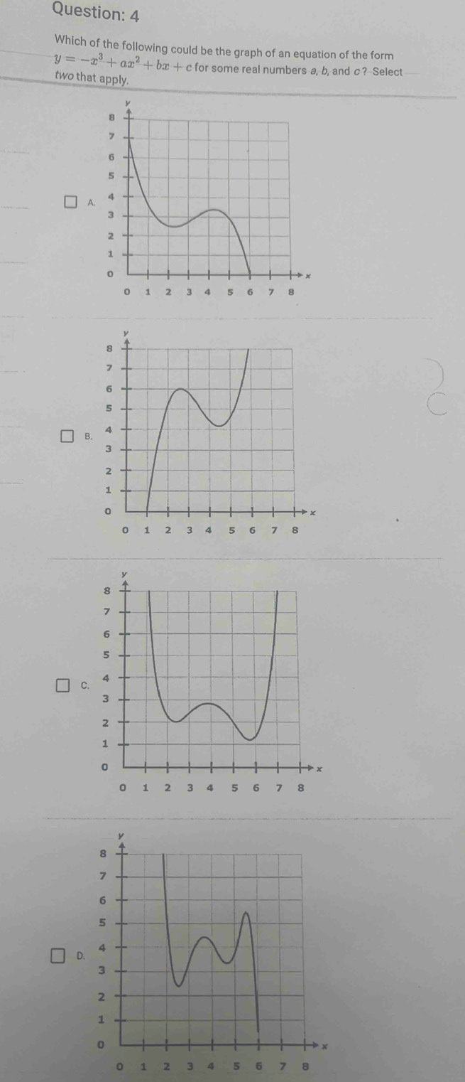 Which of the following could be the graph of an equation of the form
y=-x^3+ax^2+bx+c for some real numbers a, b, and c ? Select
two that apply.
A
B
C
D