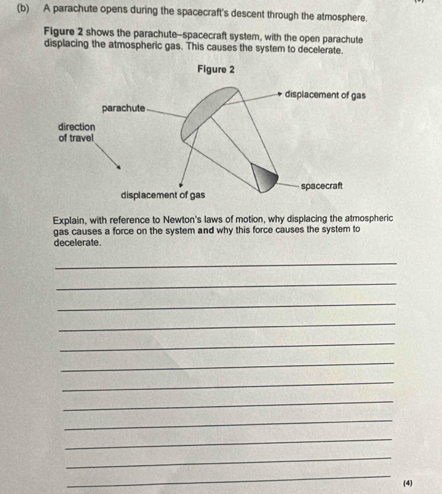 A parachute opens during the spacecraft's descent through the atmosphere. 
Figure 2 shows the parachute-spacecraft system, with the open parachute 
displacing the atmospheric gas. This causes the system to decelerate. 
Explain, with reference to Newton's laws of motion, why displacing the atmospheric 
gas causes a force on the system and why this force causes the system to 
decelerate. 
_ 
_ 
_ 
_ 
_ 
_ 
_ 
_ 
_ 
_ 
_ 
_ 
(4)