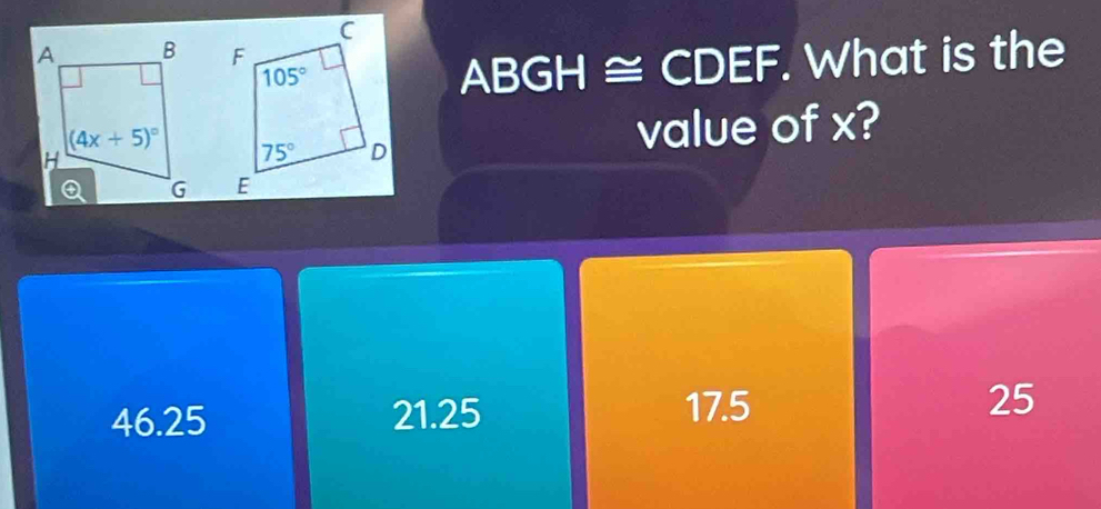 What is the
ABGH≌ CDEF
value of x?

17.5
46.25 21.25 25