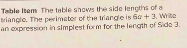 Table Item The table shows the side lengths of a 
triangle. The perimeter of the triangle is 6a+3. Write 
an expression in simplest form for the length of Side 3.