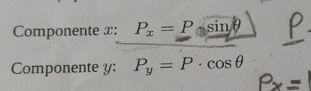 Componente x : P_x=Psin θ
Componente y : P_y=P· cos θ