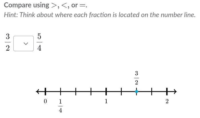 Compare using >,
 3/2 vee  5/4 