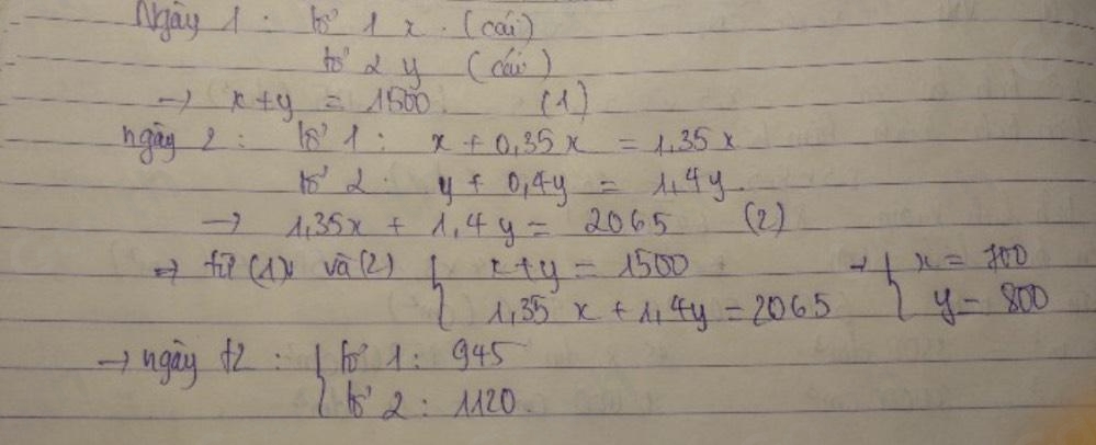 May 1: 18^(10)1x· (cd
40° alpha y (cáu ) 
) x+y=1500 ( 1 ) 
nging 2: 18'1:x+0.35x=1.35x
18^22· y+0.4y=11y
to 1.35x+1.4y=2065 (2 )
f_u(1)
h x+y=1500
+fx=700
1 1.35x+1.4y=2065 )y=800
A ugay +2: beginarrayl 101:945 1852:1120.endarray.