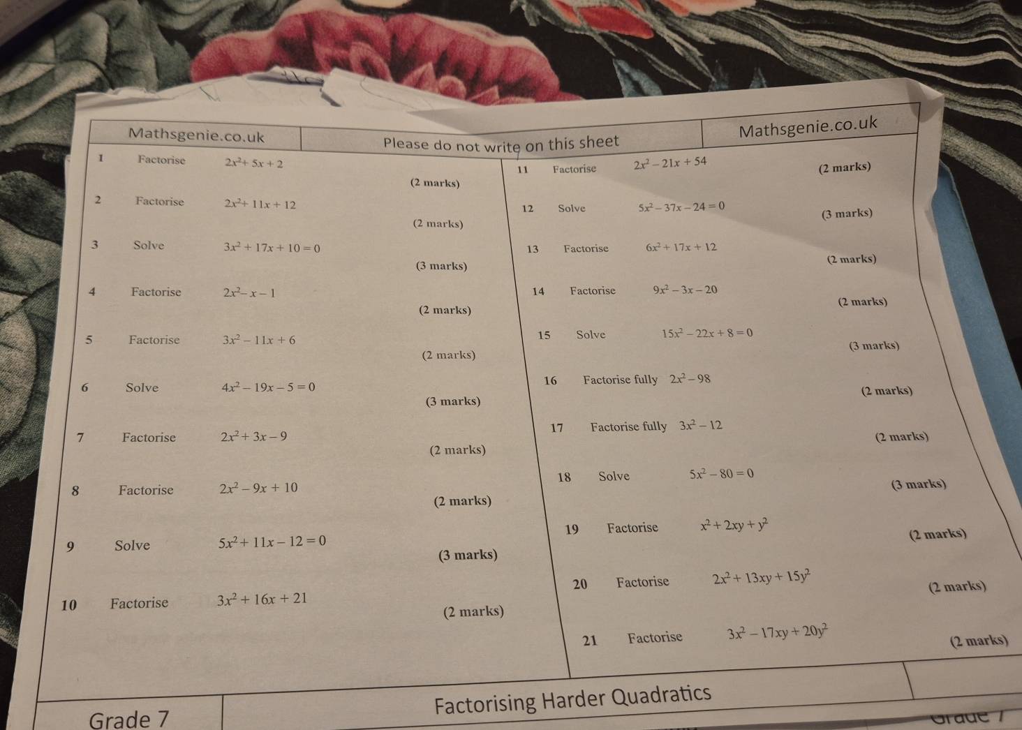 ks)
Grade 7 Factorising Harder Qua
Graue