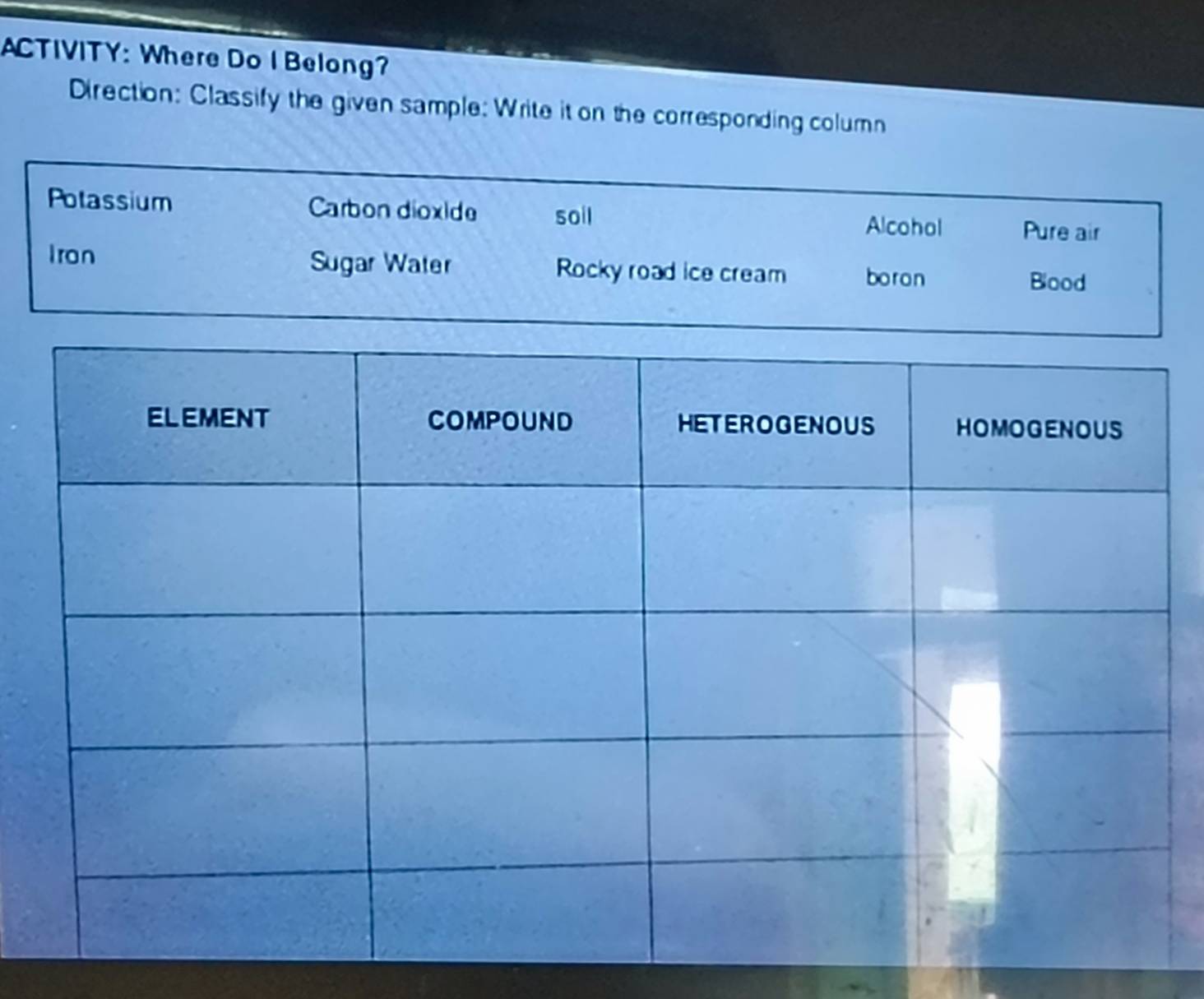 ACTIVITY: Where Do I Belong?
Direction: Classify the given sample: Write it on the corresponding column
Potassium Carbon dioxide soil Alcohol Pure air
Iron Sugar Water Rocky road ice cream boron Blood