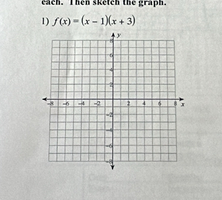 each. Then sketch the graph. 
1) f(x)=(x-1)(x+3)